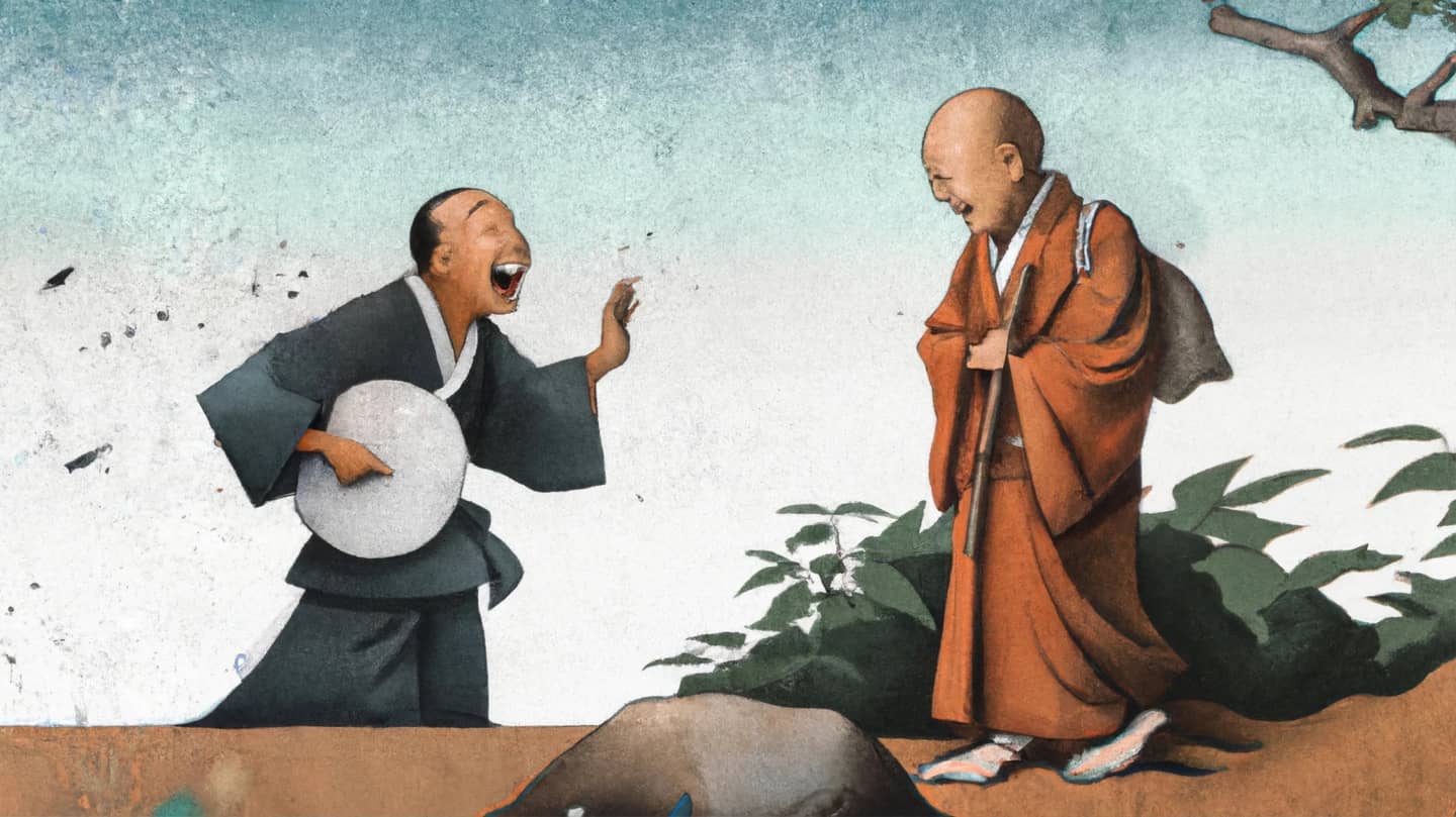 An AI-created image in the style of a traditional Japanese painting, depicting a happy tradesman and a Buddhist monk.