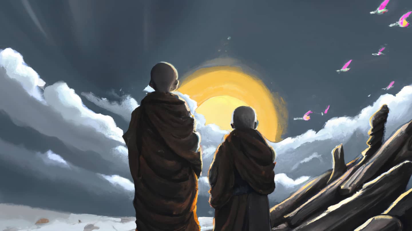 A Buddhist monk and student watching the moon appear from behind the clouds