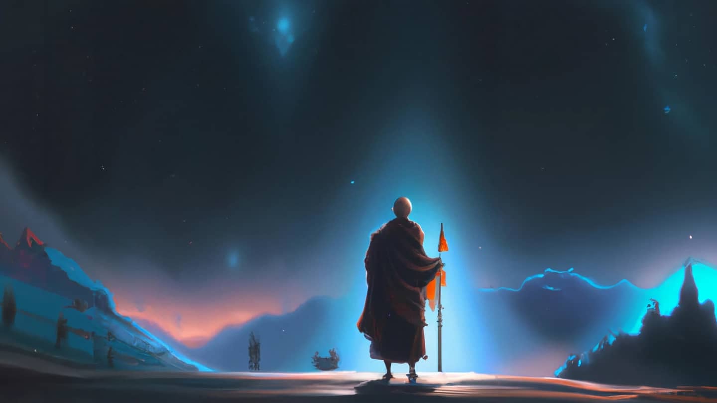 Digital art of a Buddhist monk looking up at the sky