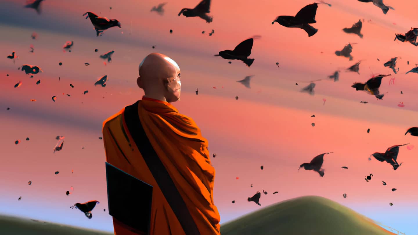 A Buddhist monk watching a flock of swallows during sunset