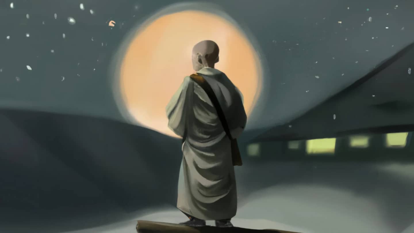 A digital art image of a buddhist monk watching the full moon at night