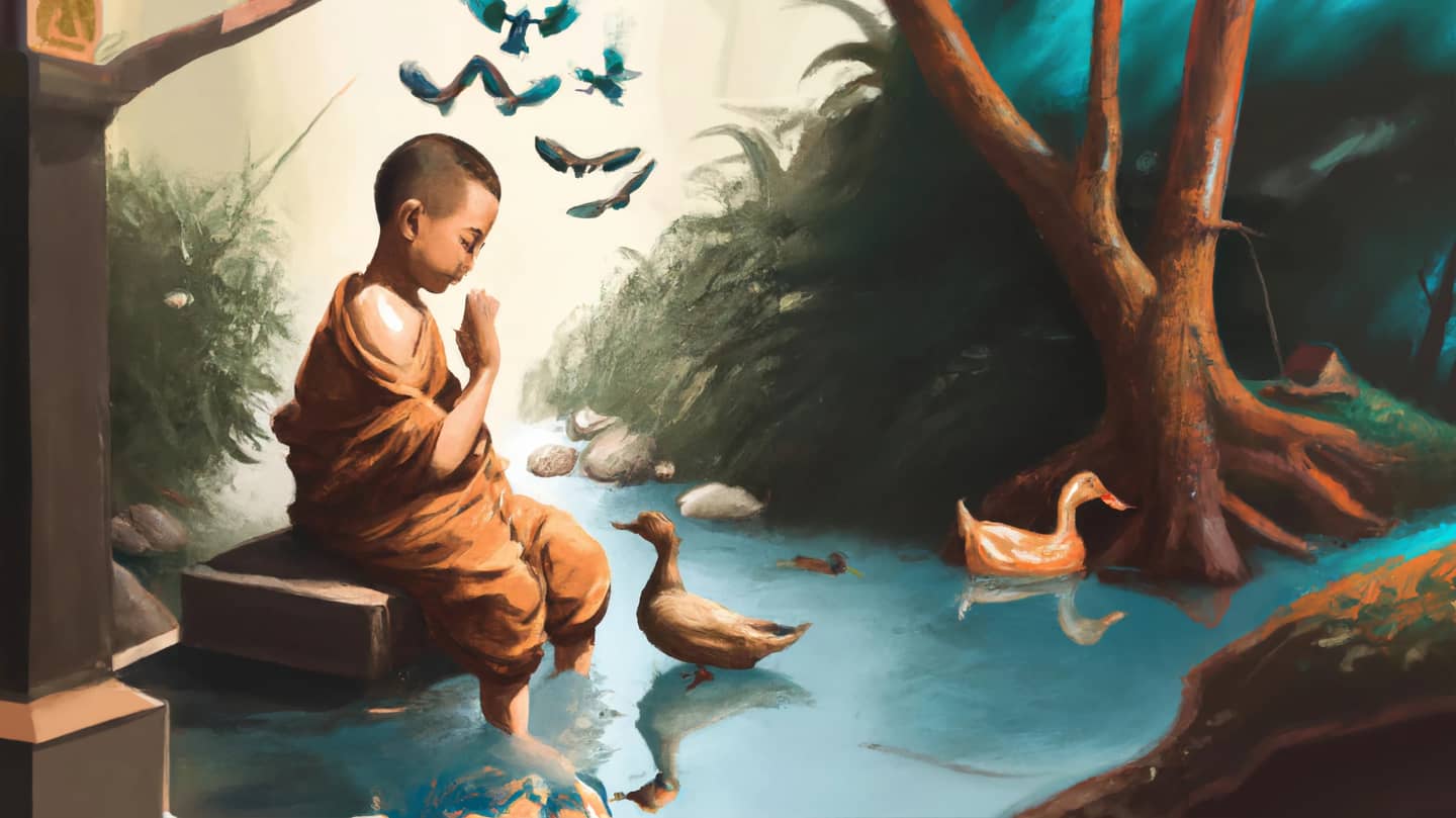 A Buddhist student talking to a duck
