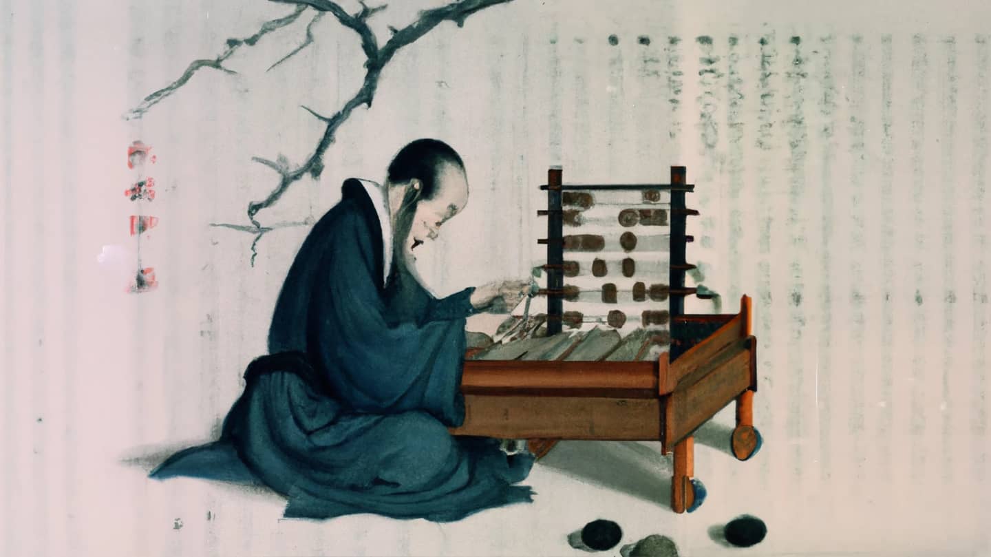 A traditional Chinese painting of a monk using an abacus