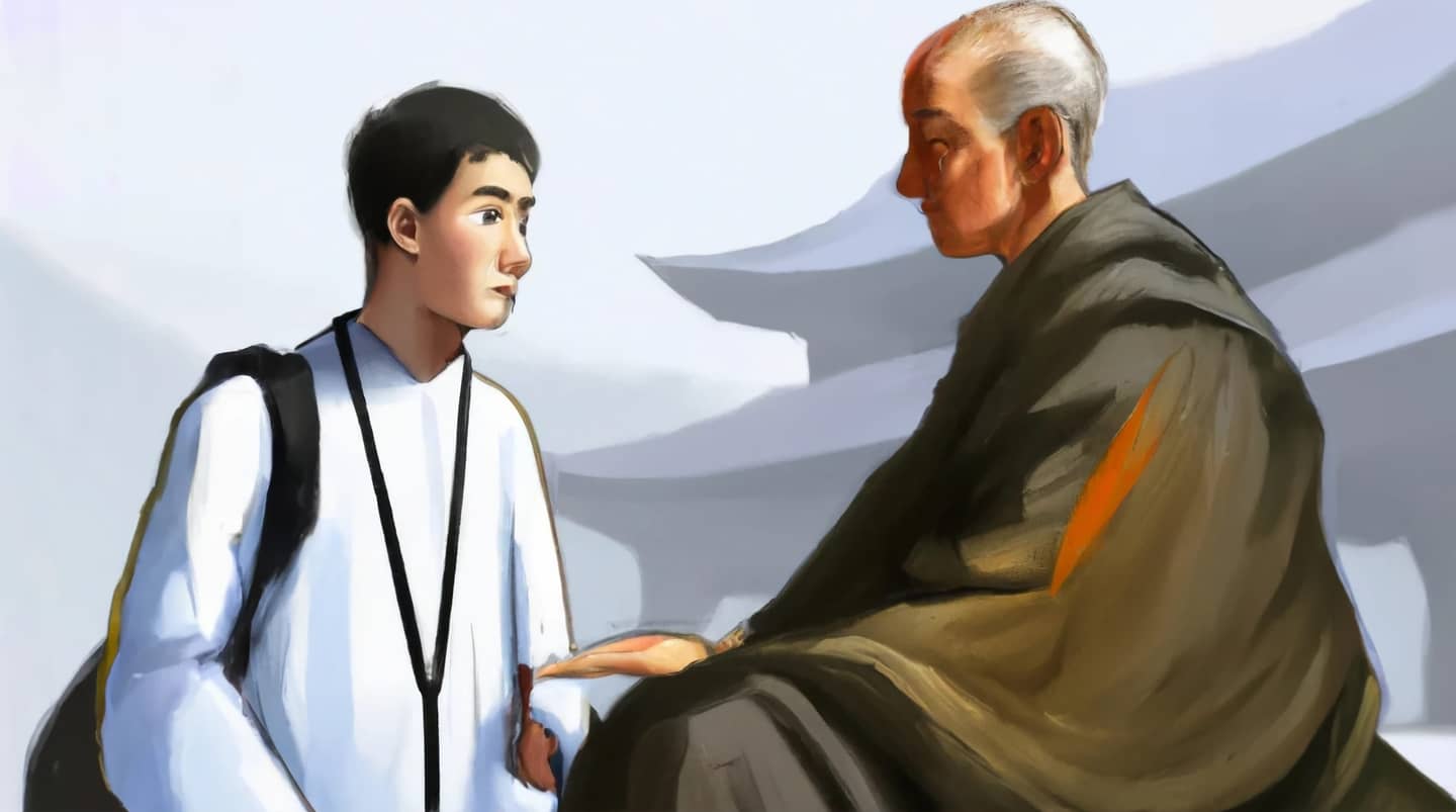 Digital art of a developer talking with a Zen Buddhist master
