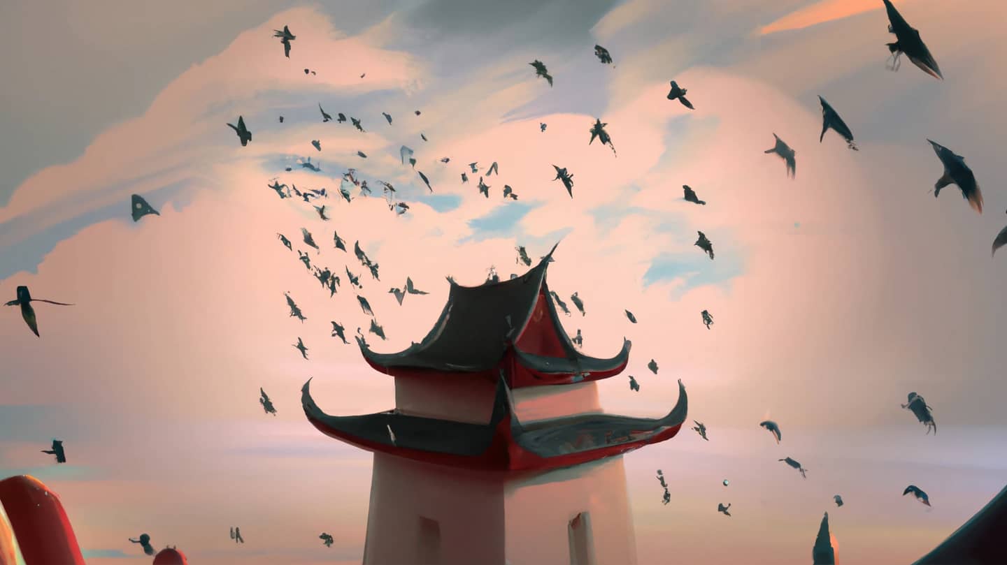 A flock of swallows circling above a Buddhist temple