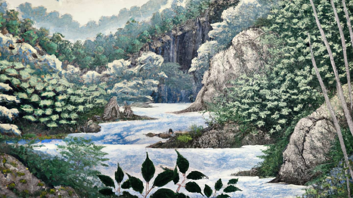 An AI-generated painting in antique Japanese style of a stream flowing through a forest.