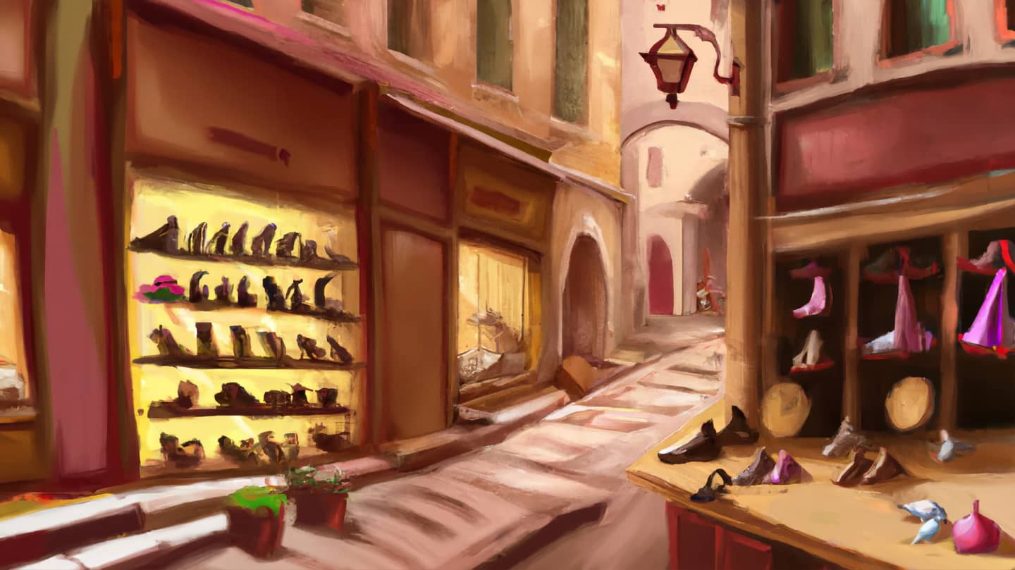 A digital art, impressionist image showing an old Italian shopping street with shoemaker’s workshops