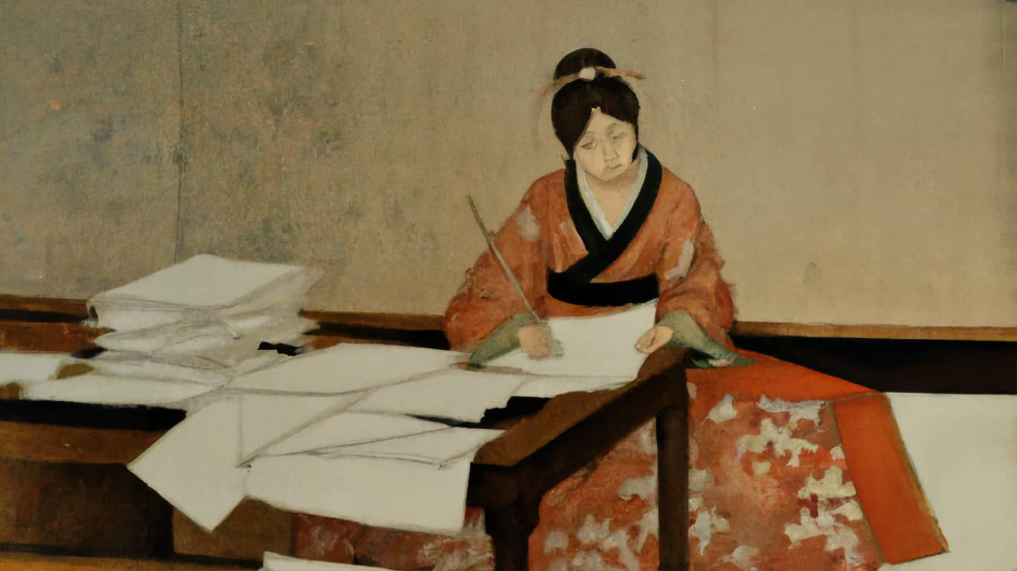 An AI-generated painting in traditional Japanese style of a teacher sitting behind a table grading a large pile of papers.