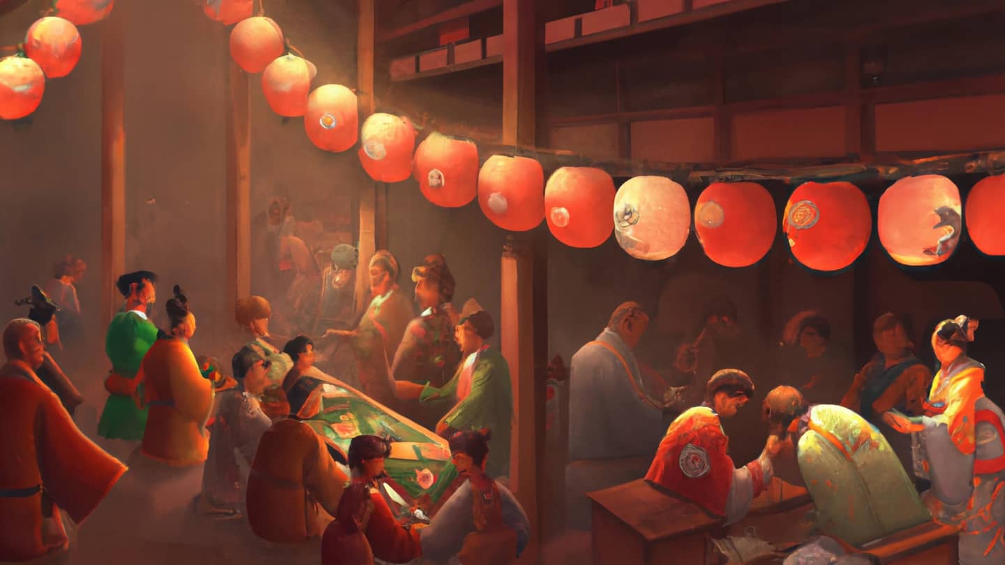 An AI-created image of a traditional Japanese painting of people in a gambling parlour