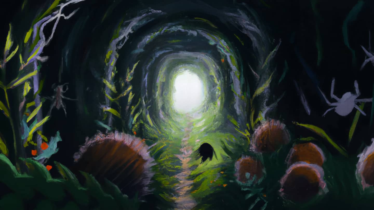 A tunnel with thistles and spiders and light at the end