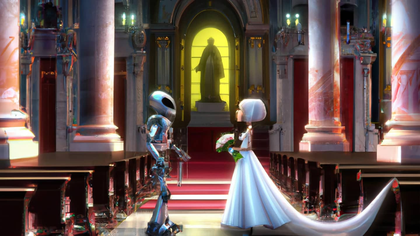 A human and a robot getting married in Church