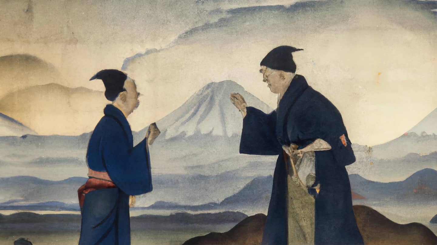 An AI-generated image in traditional Japanese style of a tradesman and a sorcerer.