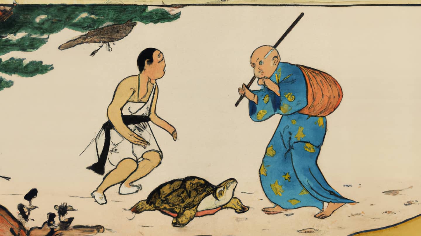 An AI-generated painting in traditional Japanese style depicting Achilles and the Tortoise talking to a Buddhist Master.