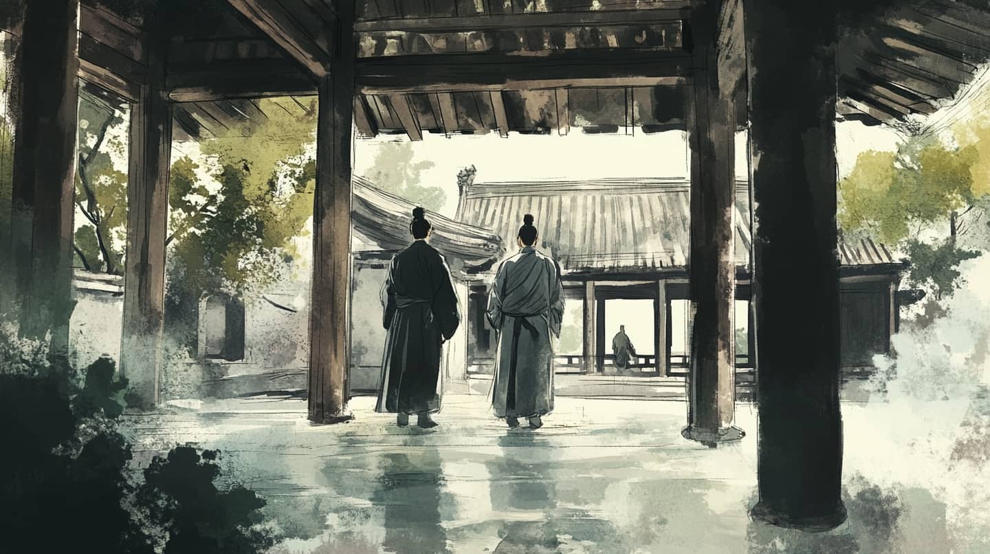 An ink painting in 16th-century East-Asian style, depicting an administrator in traditional robes meeting a Buddhist master in a temple. Detailed line work, muted colors, serene expression, curved eaves, wooden pillars, calm and reflective atmosphere.