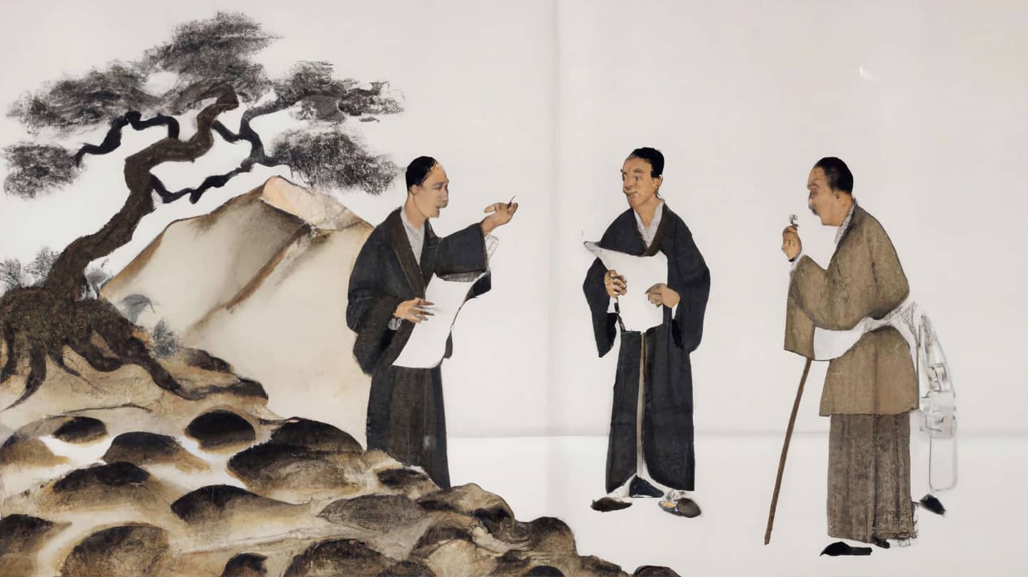 An image in traditional Japanese style, generated by AI, depicting an architect, a landscaper and a constructor in discussion