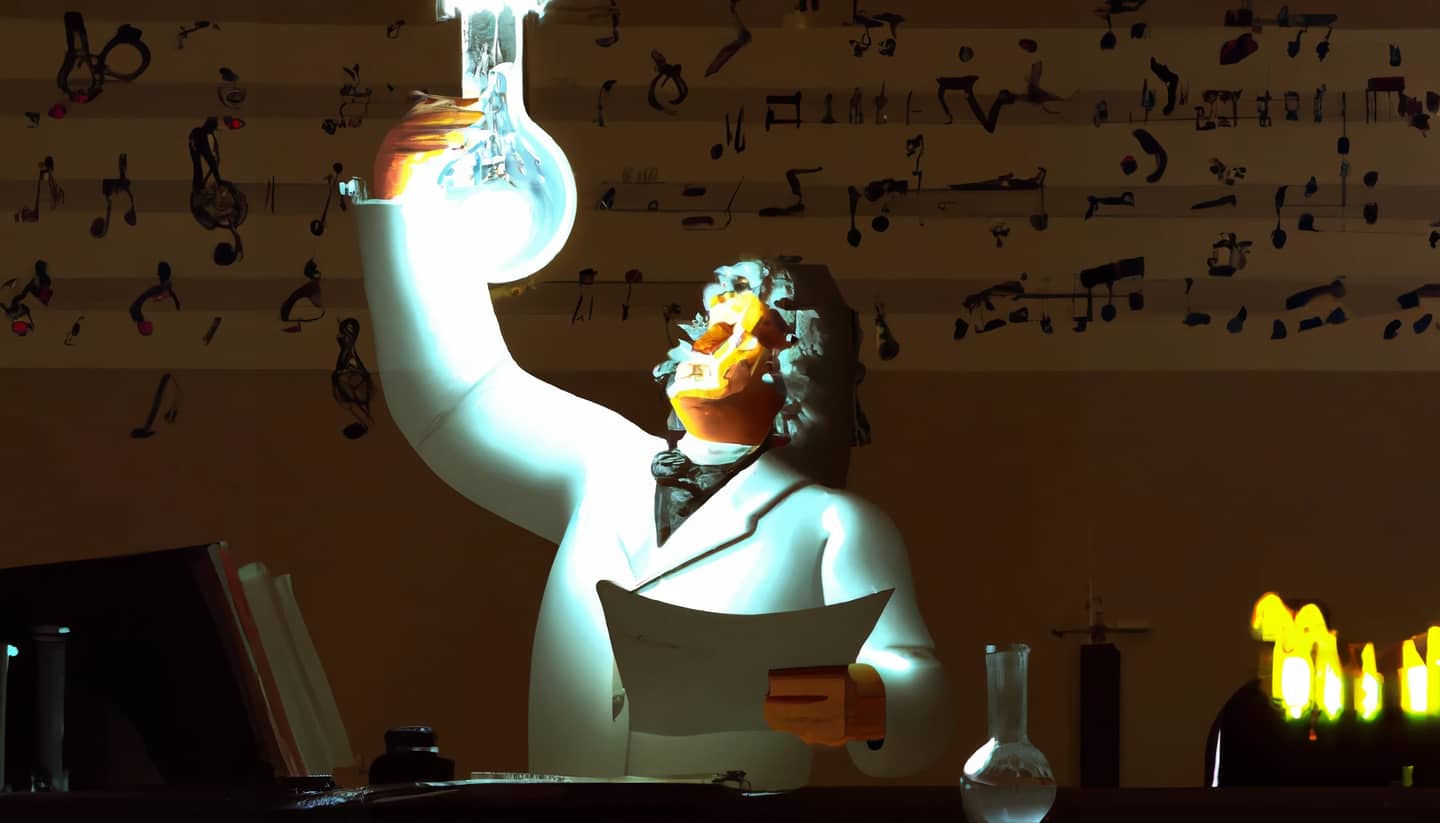 Beethoven holding up examining an Erlenmeyer flask in a lab for examination