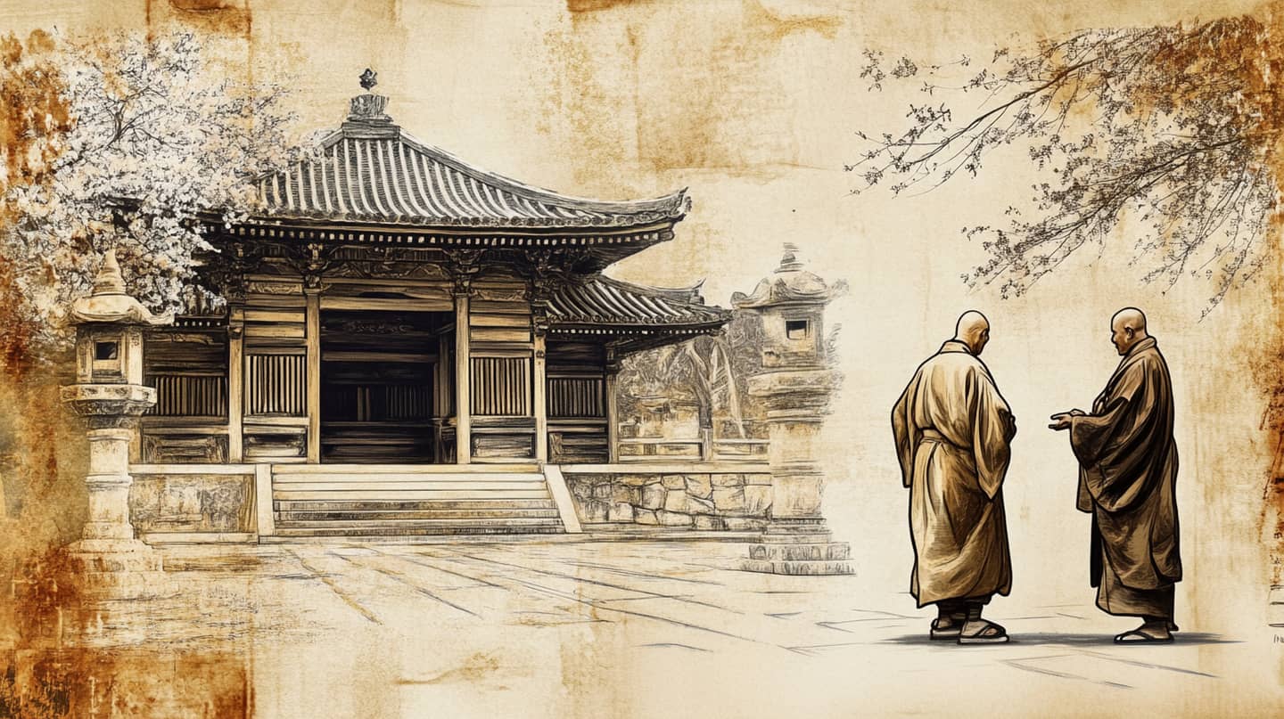 A 16th Century Japanese sumi-e illustration showing a traditional tradesman and a monk in Buddhist robes within a Buddhist temple courtyard. The composition includes wooden temple architecture with intricate but weathered carvings, stone lanterns, cherry blossom trees with faded blooms, and a modest Zen garden. Executed in an old inkwash (sumi-e) style with subdued brush strokes, strong contrasts softened by faded ink, and a monochromatic palette with muted earth tones. Features aged paper texture and intentional ink bleeding to enhance the antique look.