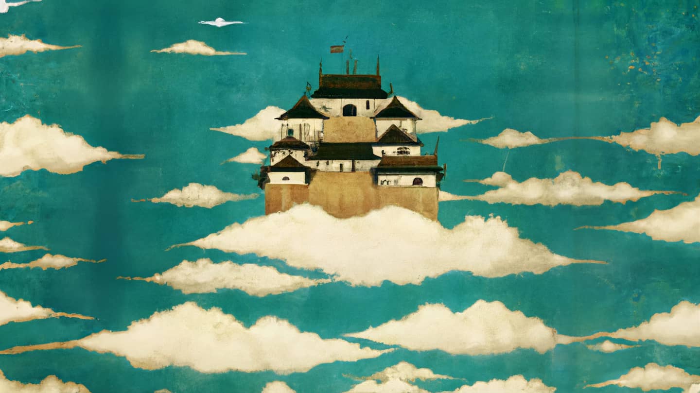 An AI-generated painting of a castle floating in the sky.