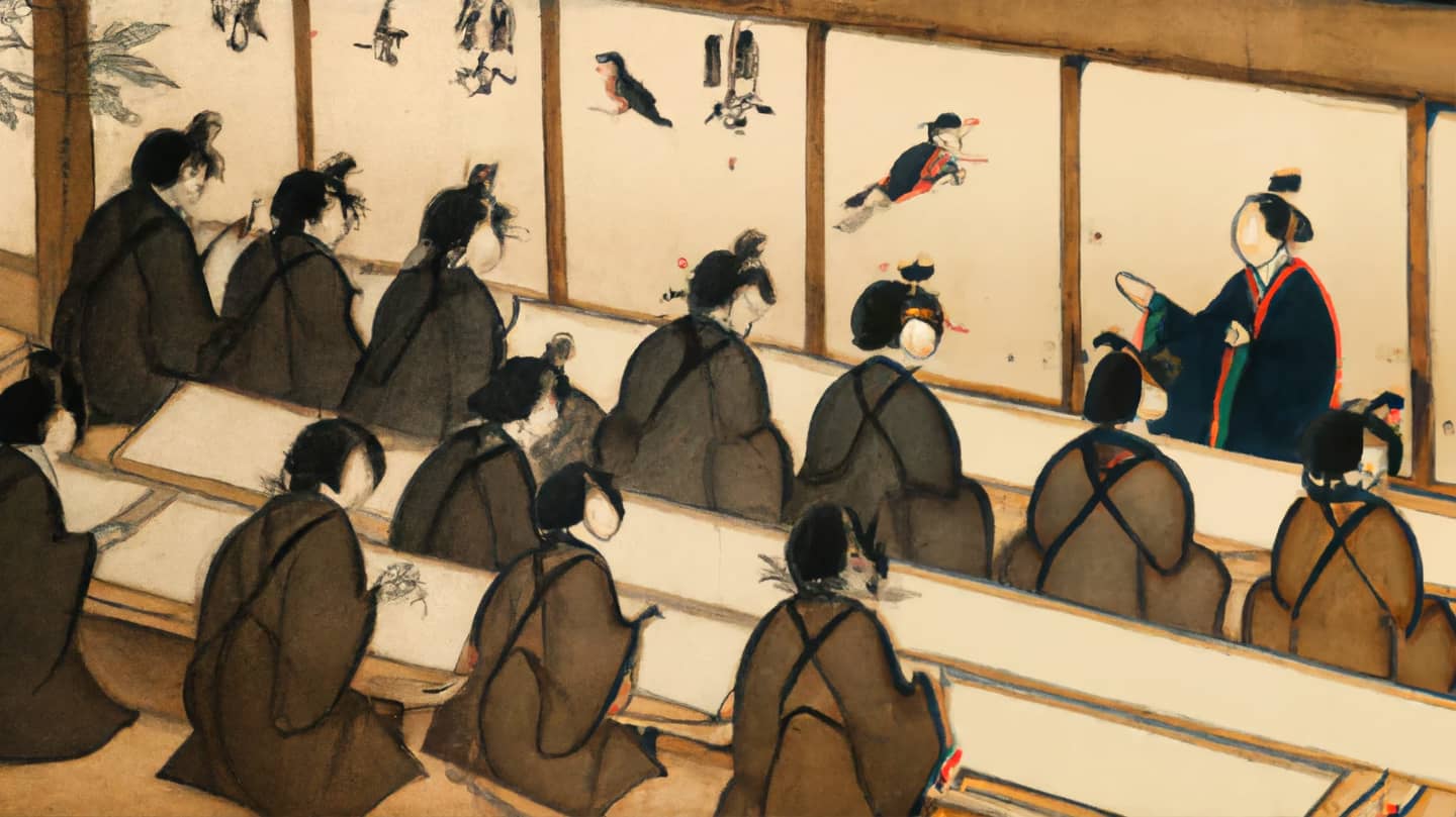 An AI-generated painting in traditional Japanese style of a class taking an exam.