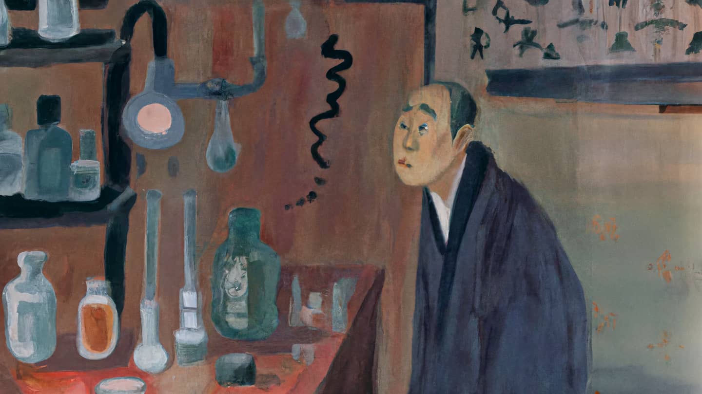 An AI-generated painting in traditional Japanese style of a confused looking scientist in a lab.