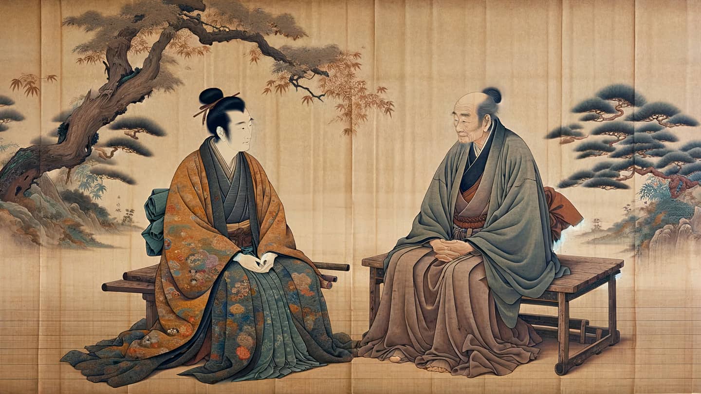 An AI-generated painting in traditional Japanese style of an Honoured Teacher and a Zen Master.