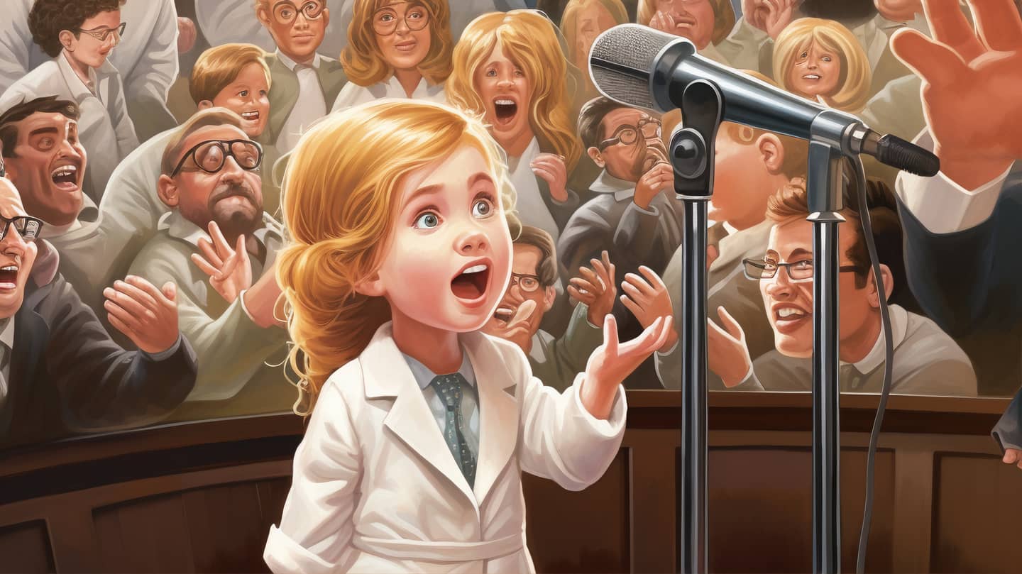 An AI-image of an innocent little girl addressing an audience of furious scientists.