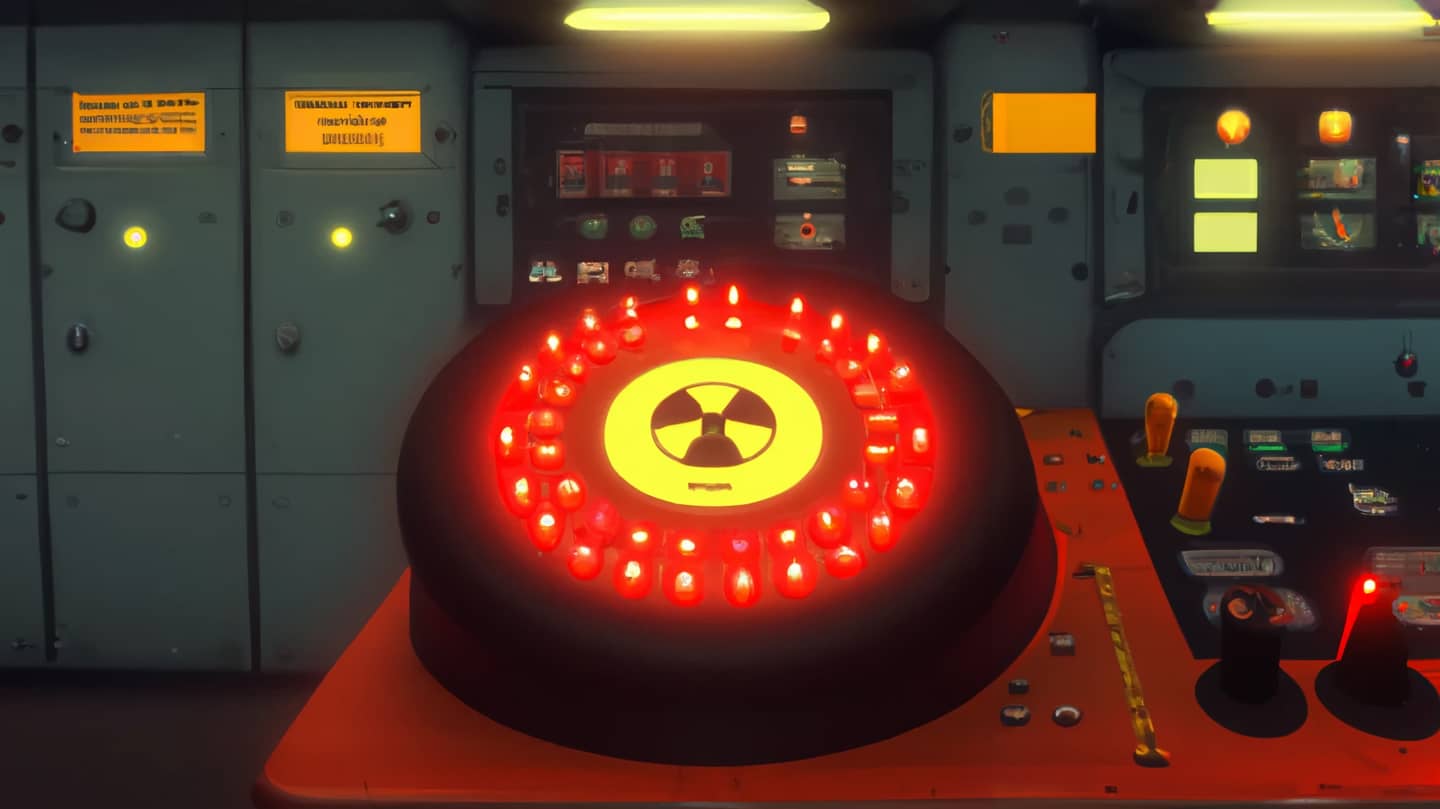 Interior of a nuclear submarine with a large, scary-looking launch button.