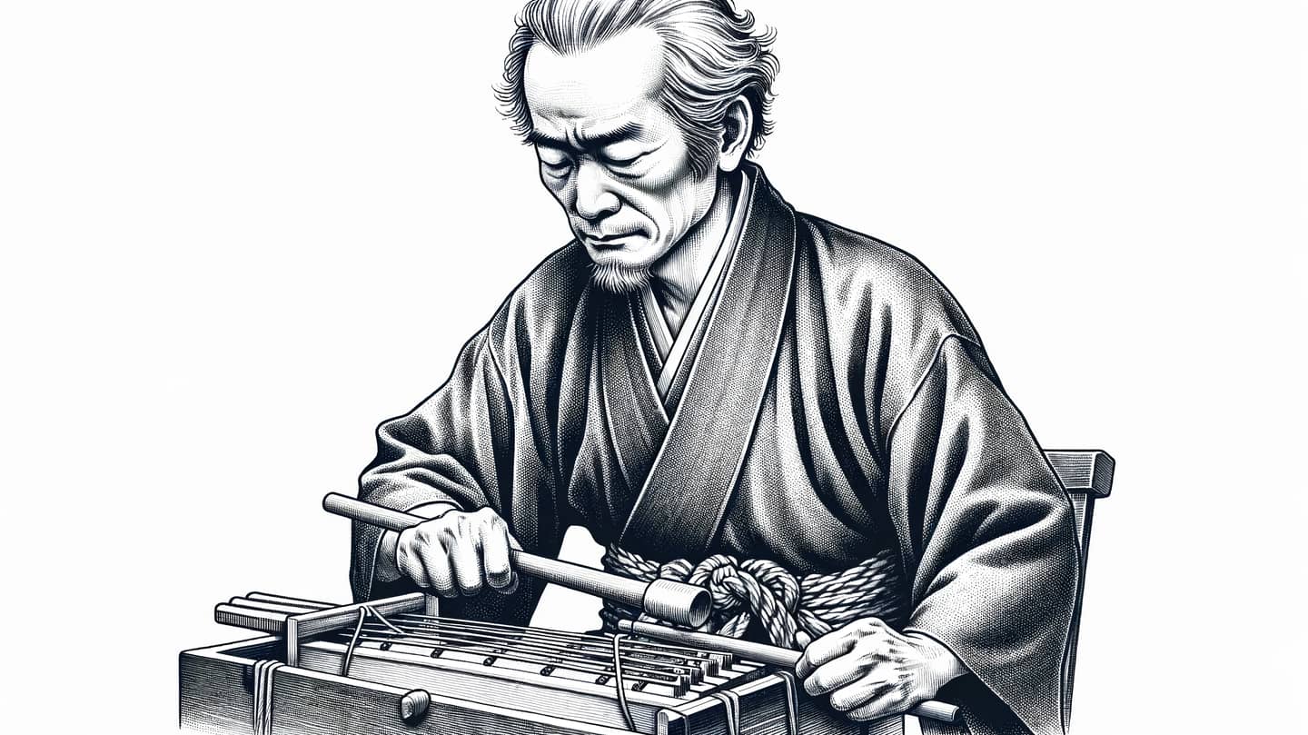 An AI-generated image in traditional Japanese style of a luthier examining a koto.