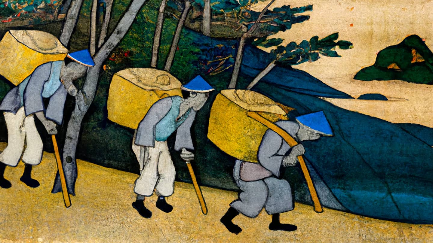 An AI-generated painting in traditional Japanese style of porters carrying heavy loads.