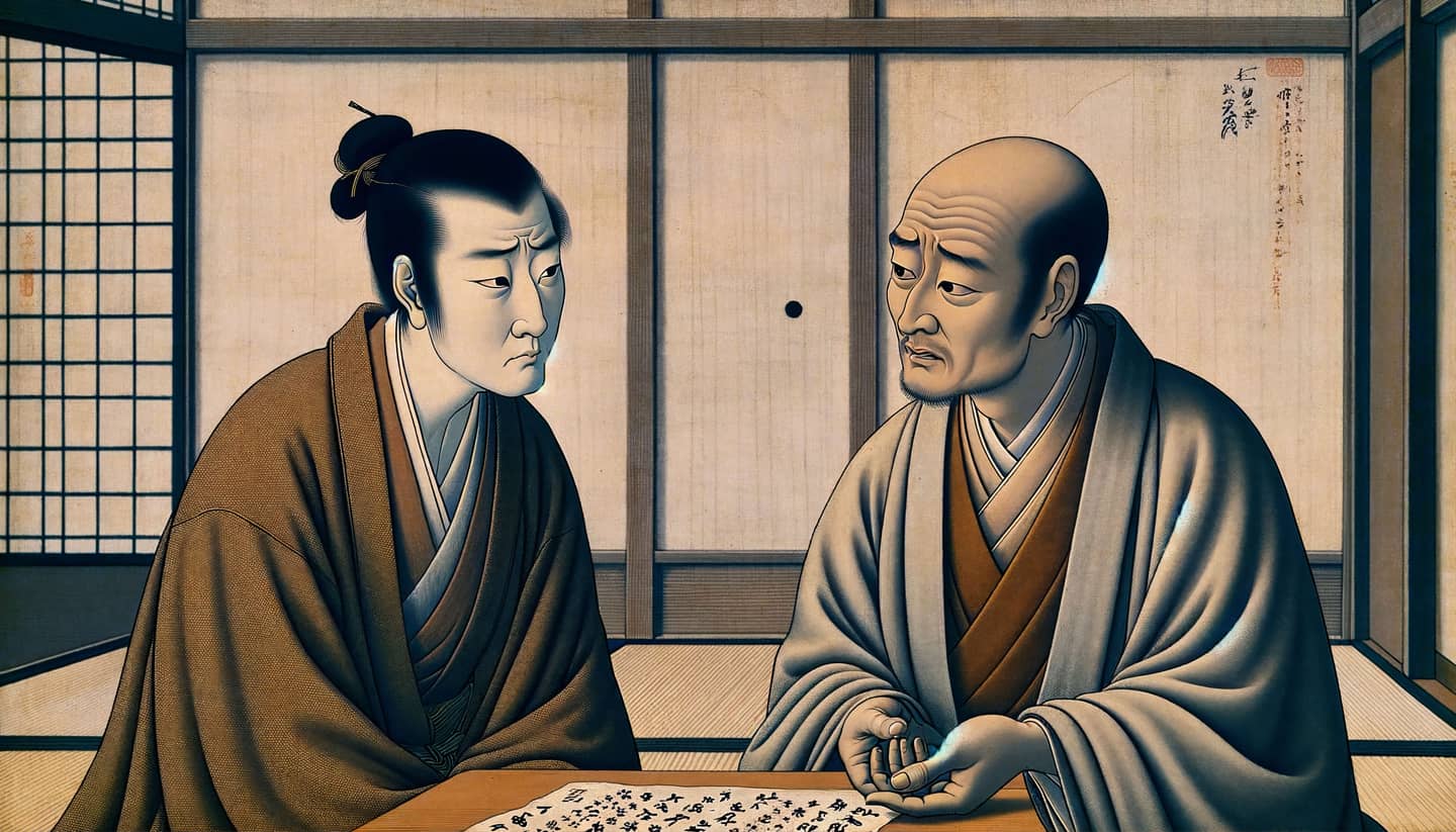An AI-generated painting in traditional Japanese style of a worried business owner talking with a Buddhist monk.