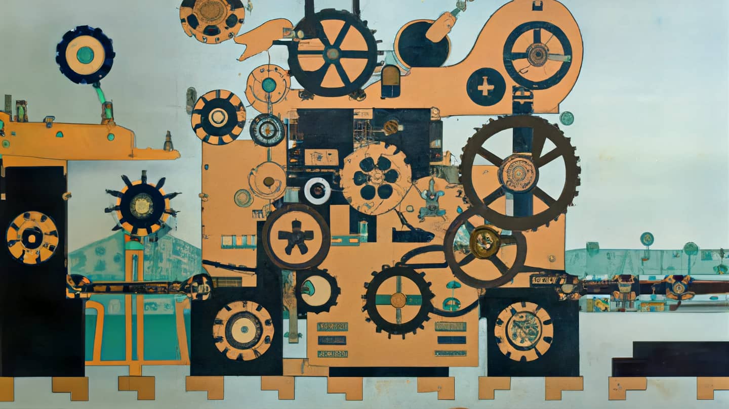 An AI-generated painting in traditional Japanese style of factory machinery with cogwheels.