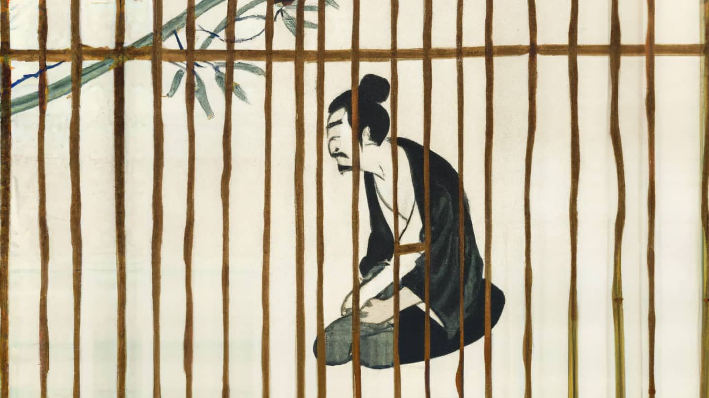 An AI-generated painting in traditional Japanese style of a man sitting on his knees behind bamboo bars.