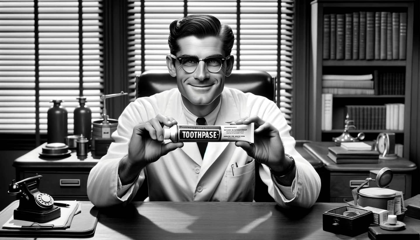 A man in a white coat sitting behind a desk in a doctor's office, presenting a tube of toothpaste, as in a 1950s TV commercial.
