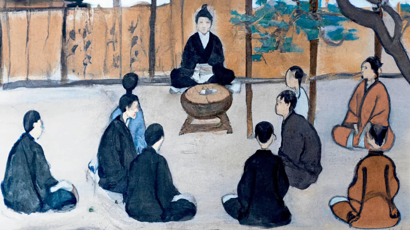 An AI-generated painting in traditional Japanese style depicting a Zen master and students in a circle.
