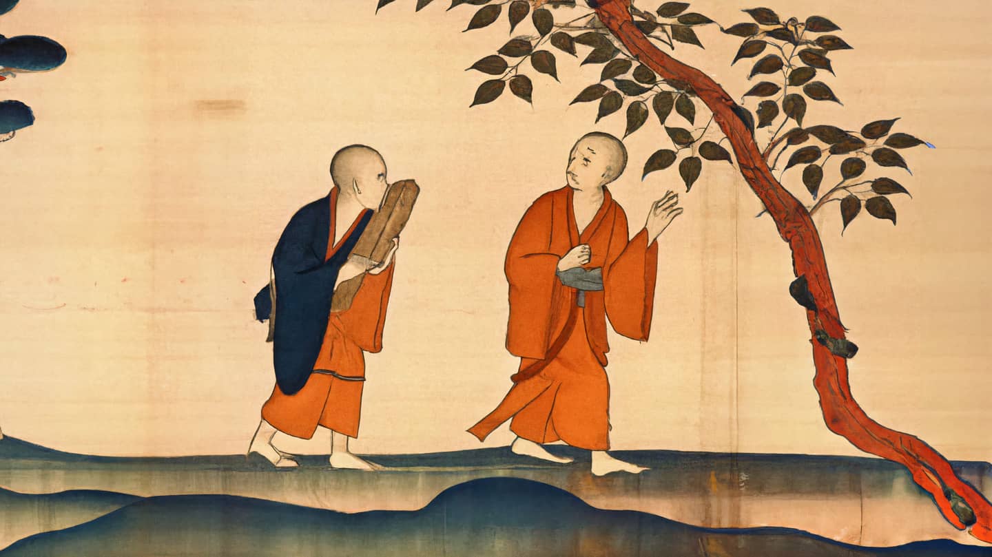 An AI-generated painting in traditional Japanese style of a monk and a student carrying a heavy book.