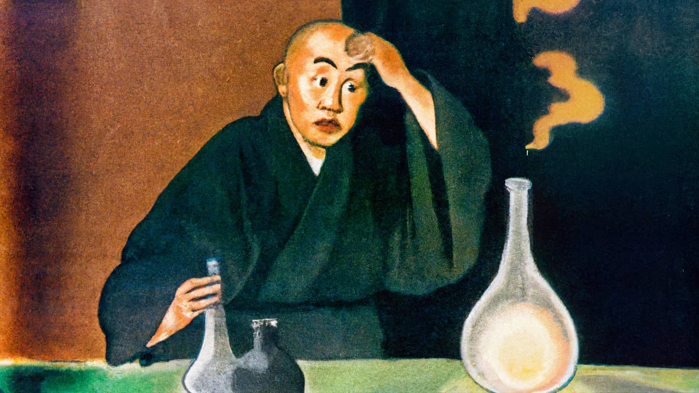 An AI-generated painting in traditional Japanese style of a monk in a scientific lab, looking at a light emitting flask in surprise.