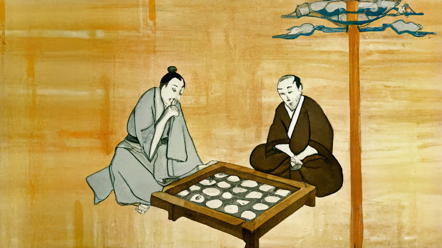 An AI-generated painting of two Buddhist monk playing a board game.