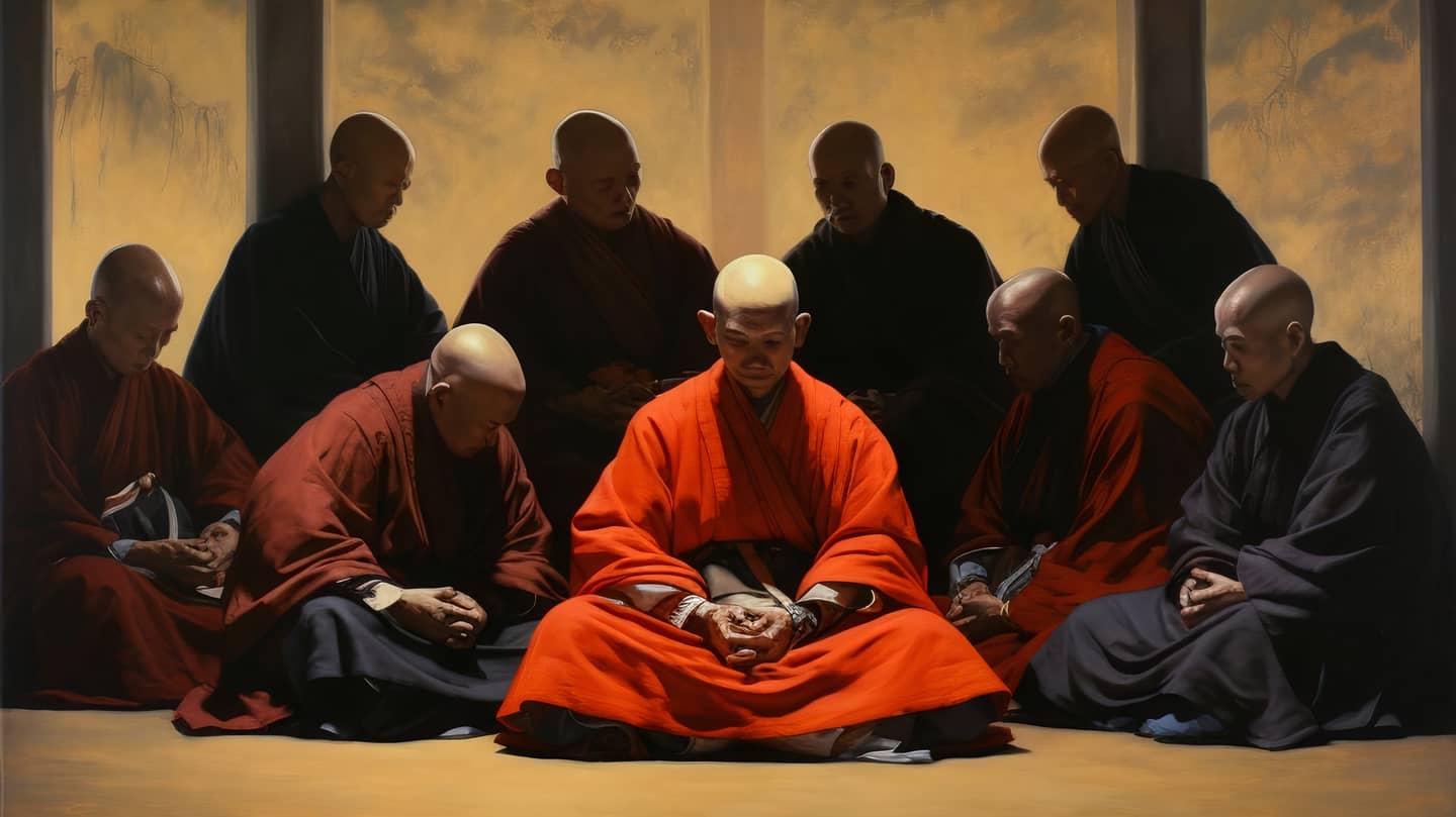 An AI-generated painting in traditional Japanese style of nine monks sitting together.