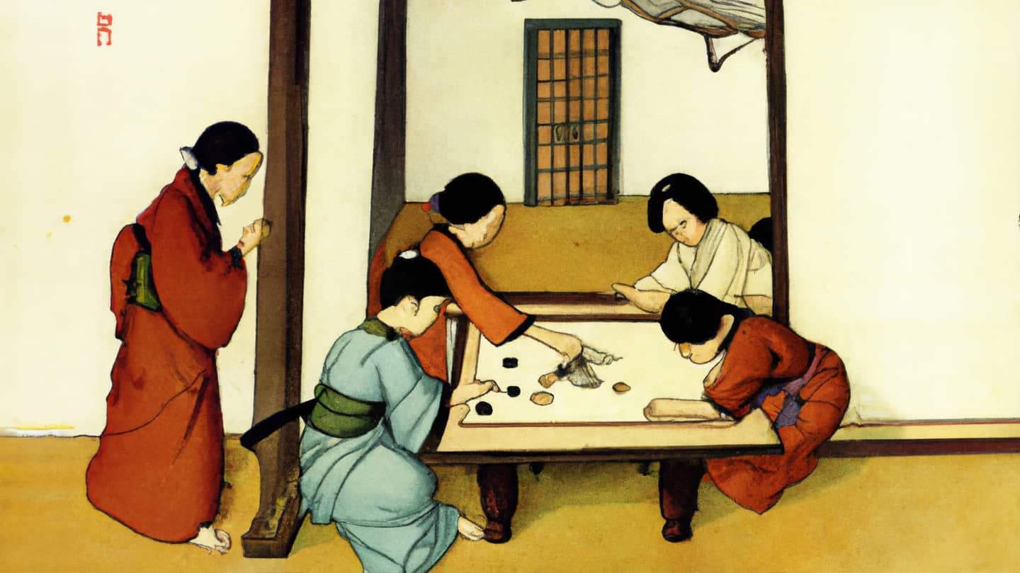 An AI-generated painting in traditional Japanese style of people playing board games.