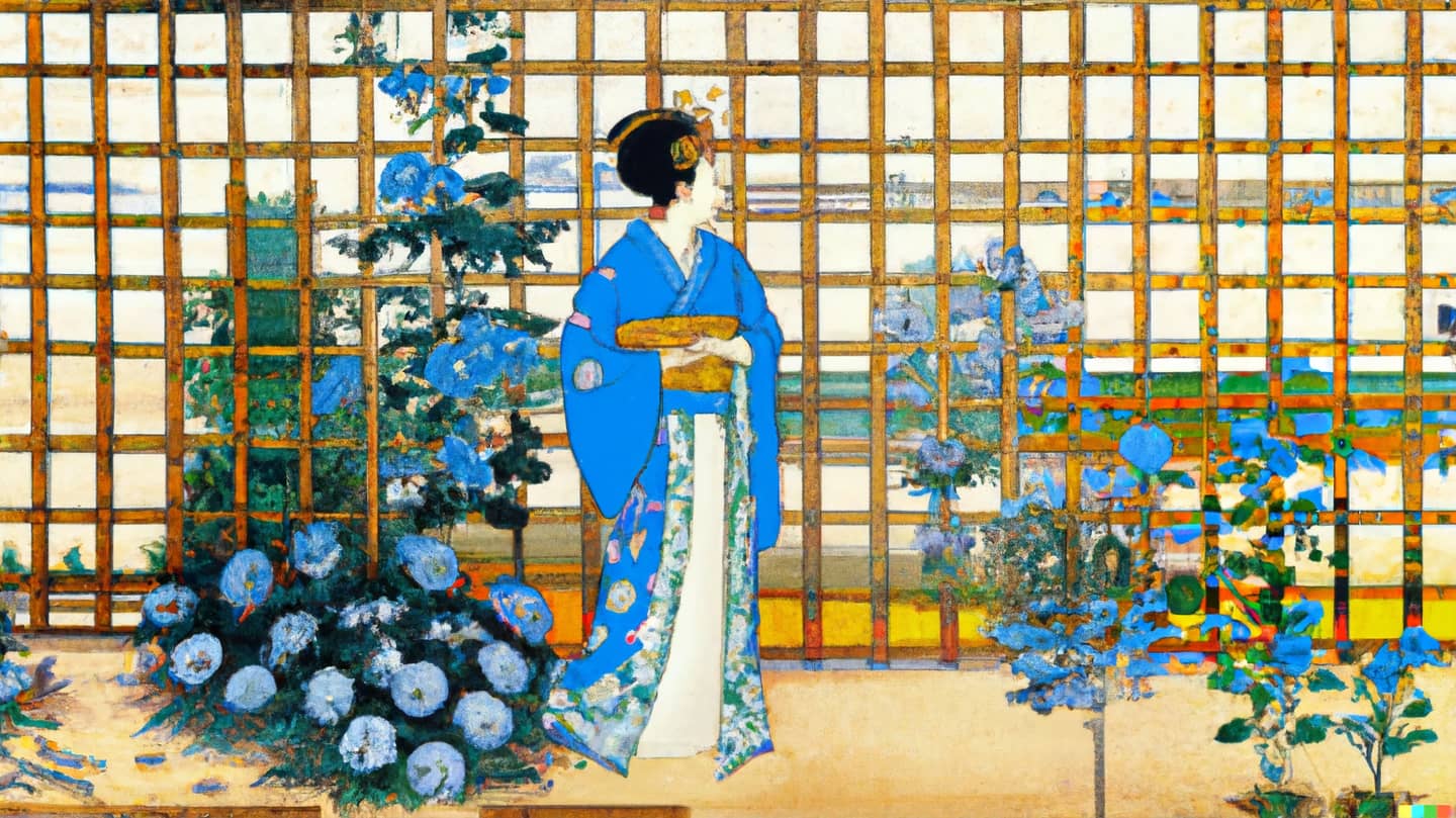 An AI-generated painting in traditional Japanese style of a lady dressed in a blue kimono, standing in a nursery with blue flowers.