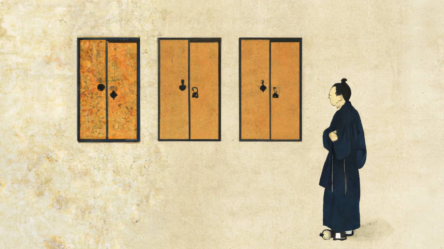 An AI-generated painting in traditional Japanese style of a Student standing in front of three closed doors.