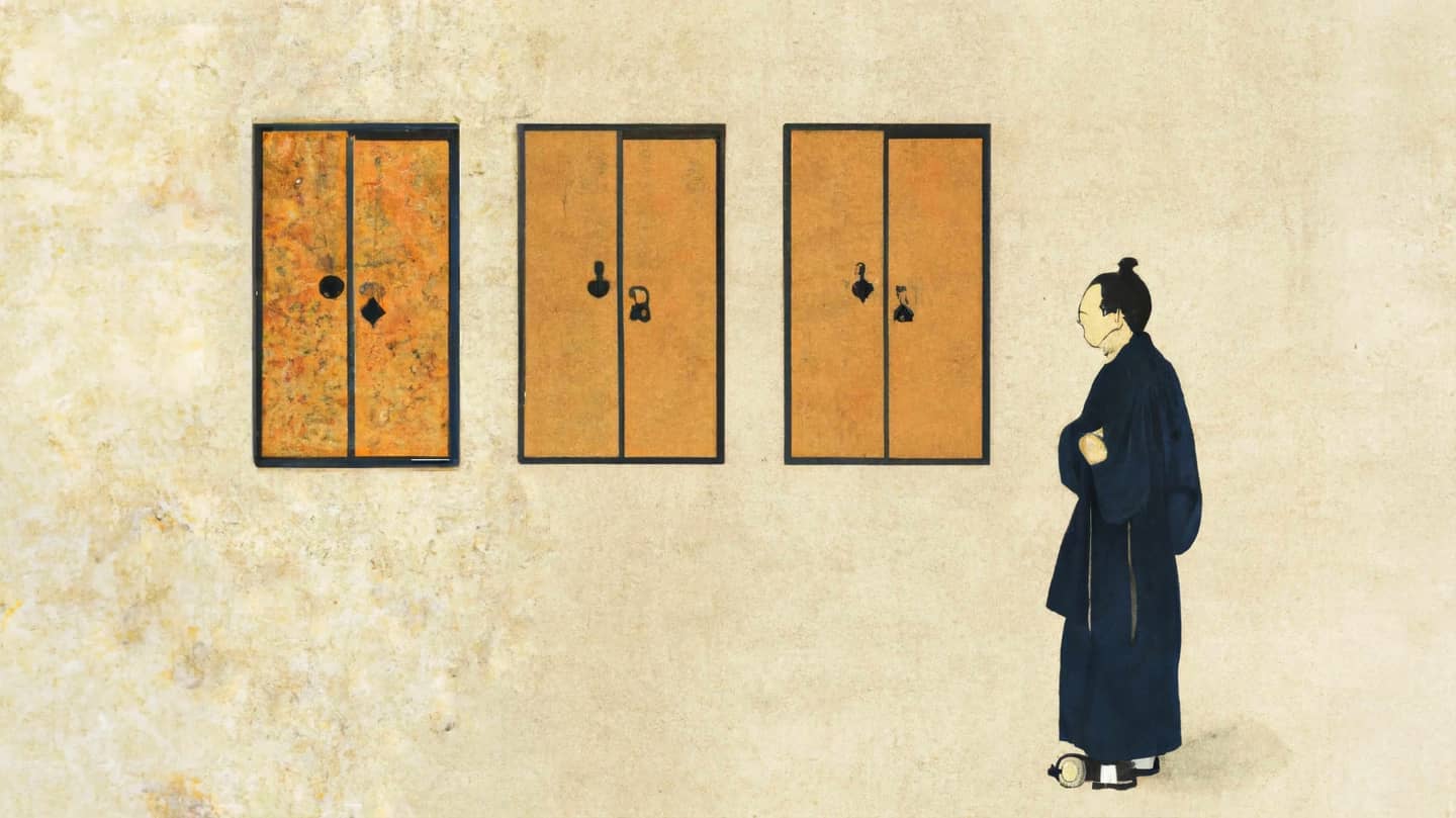 An AI-generated painting in traditional Japanese style of a student standing in front of three closed doors.