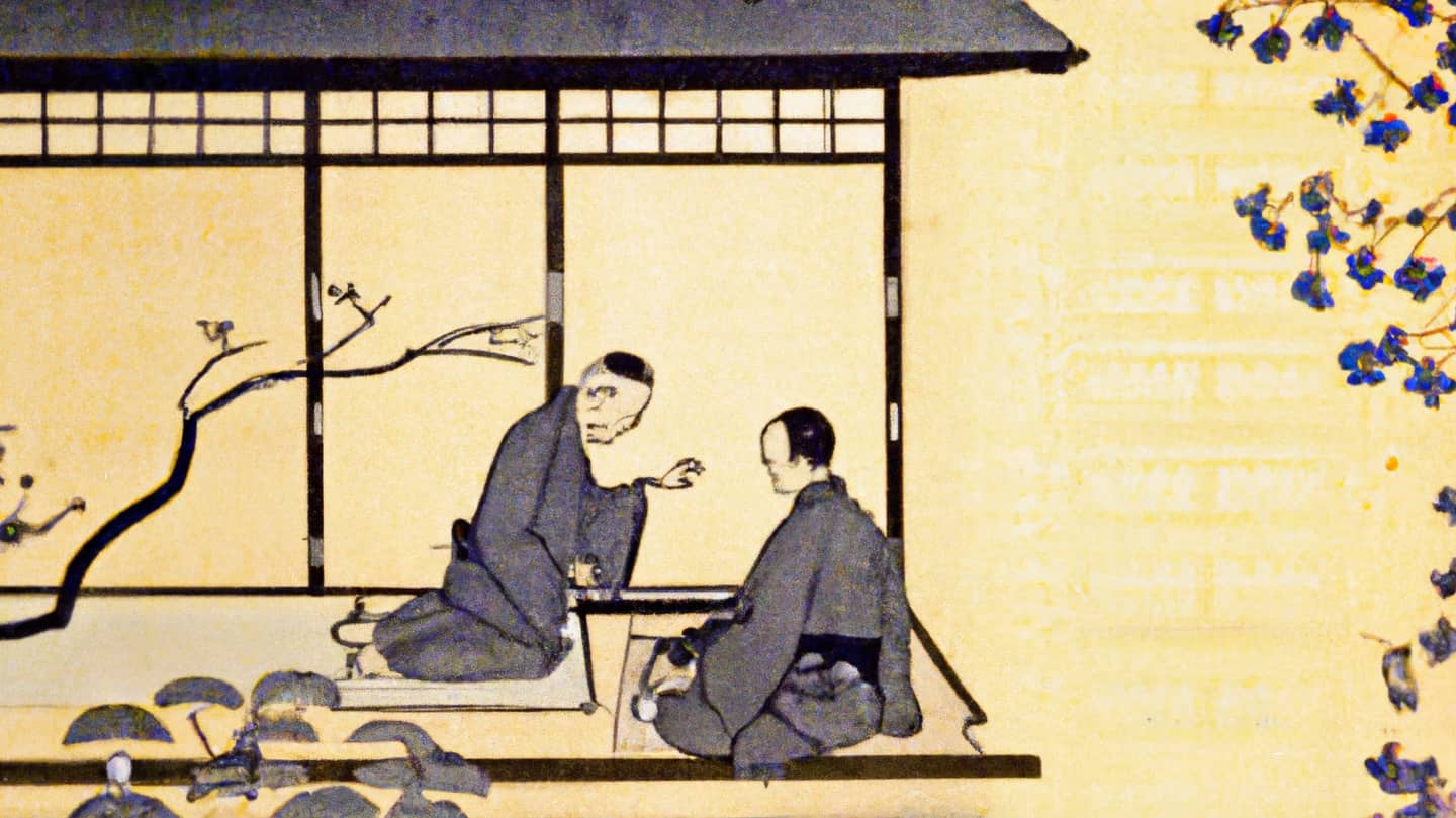 An AI-generated painting in traditional Japanese style, depicting a Buddhist student and monk.
