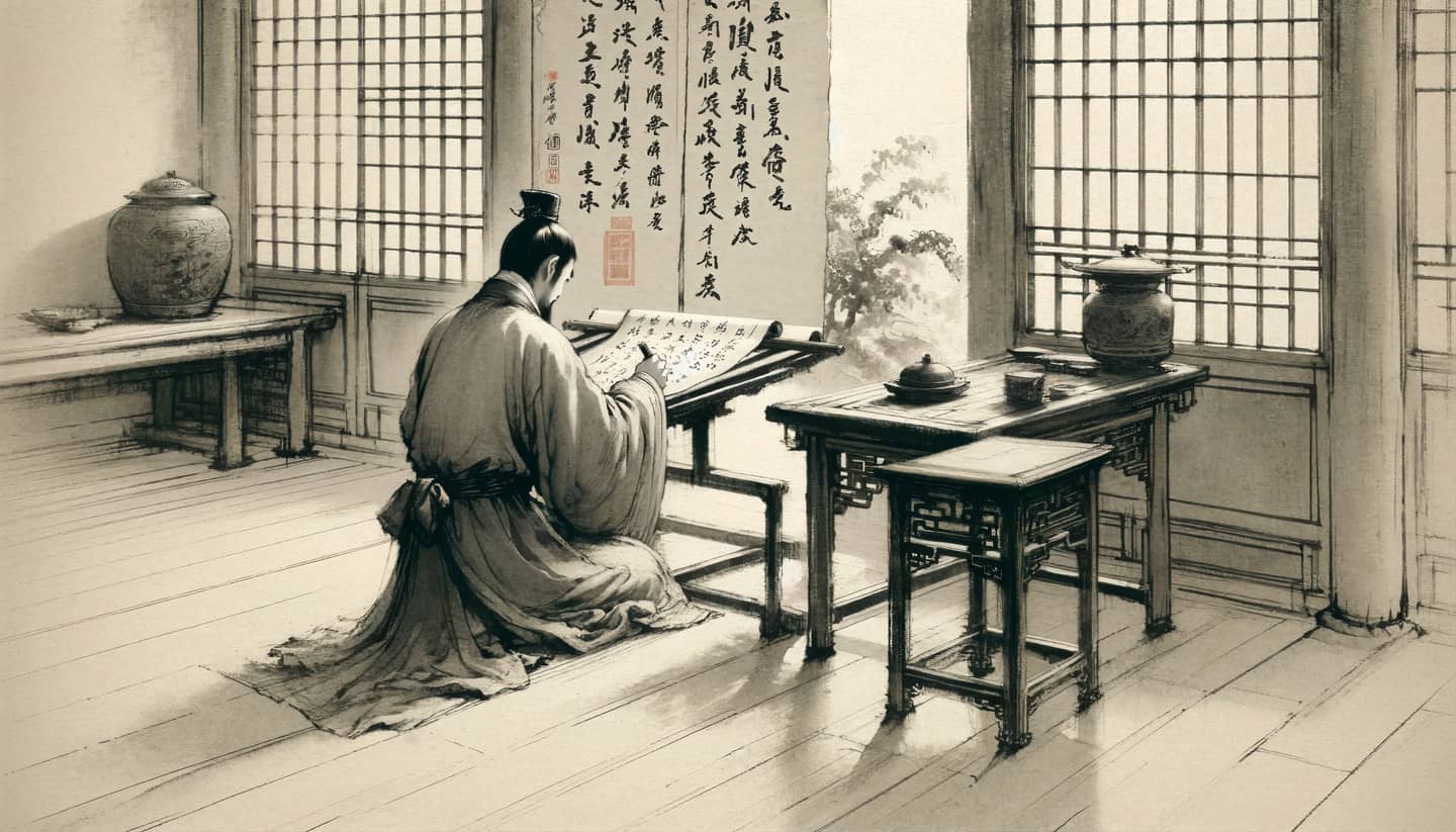 An AI-generated painting in traditional Japanese style of a student making notes on a scroll.