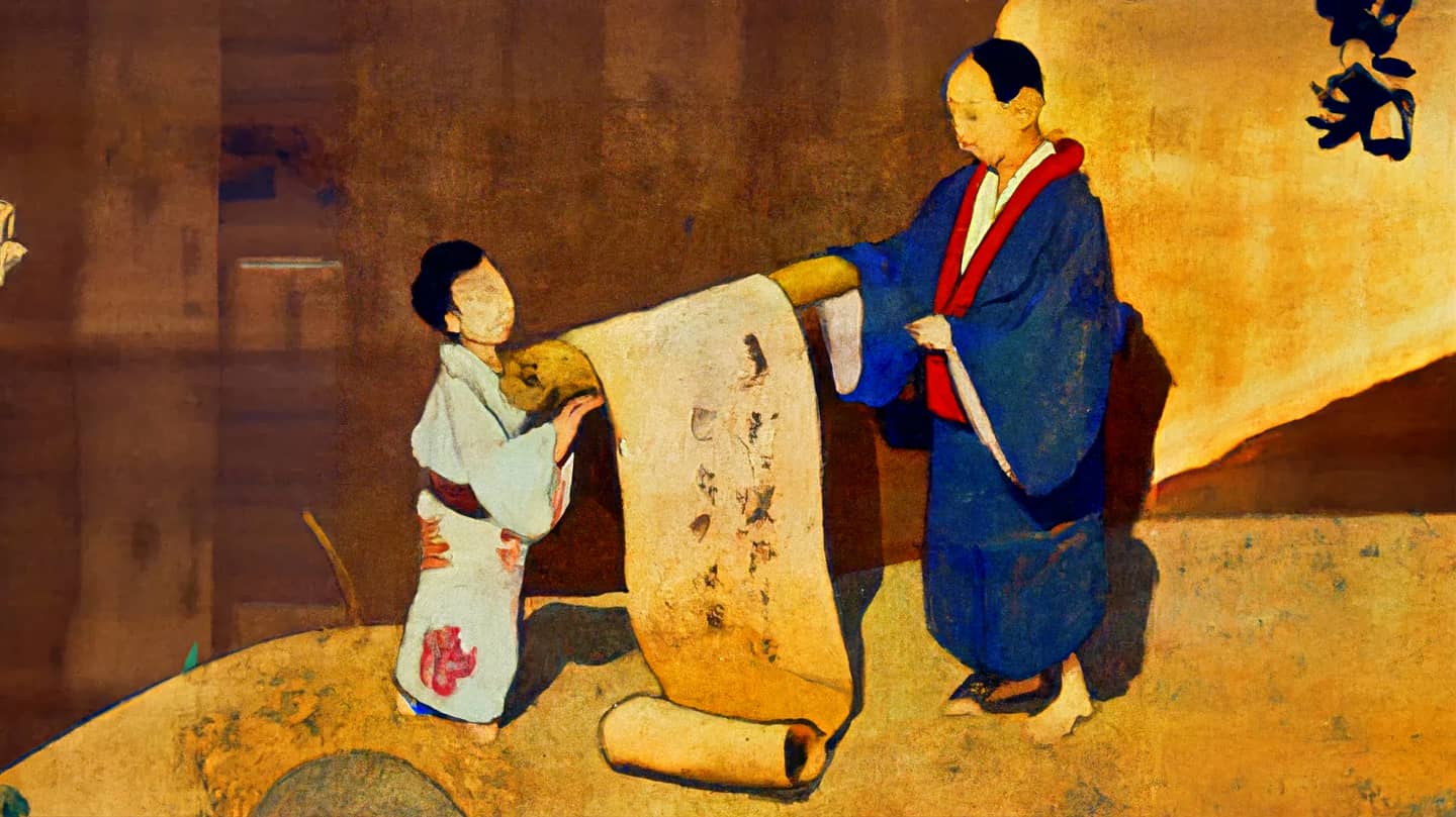 An AI-generated painting of a student showing a scroll to a Zen master.