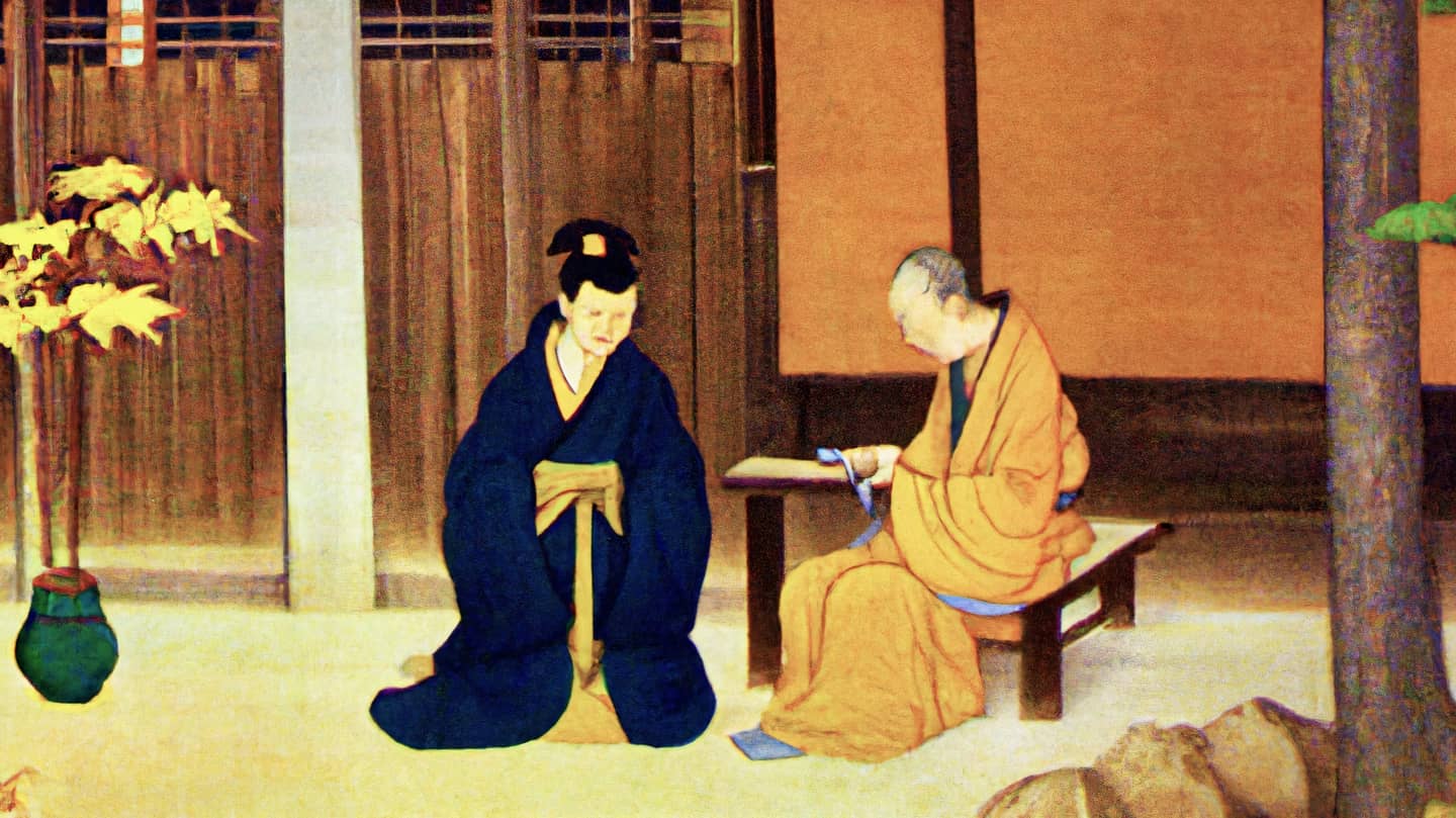 An AI-generated painting in traditional Japanese style of a student talking with a blind monk.