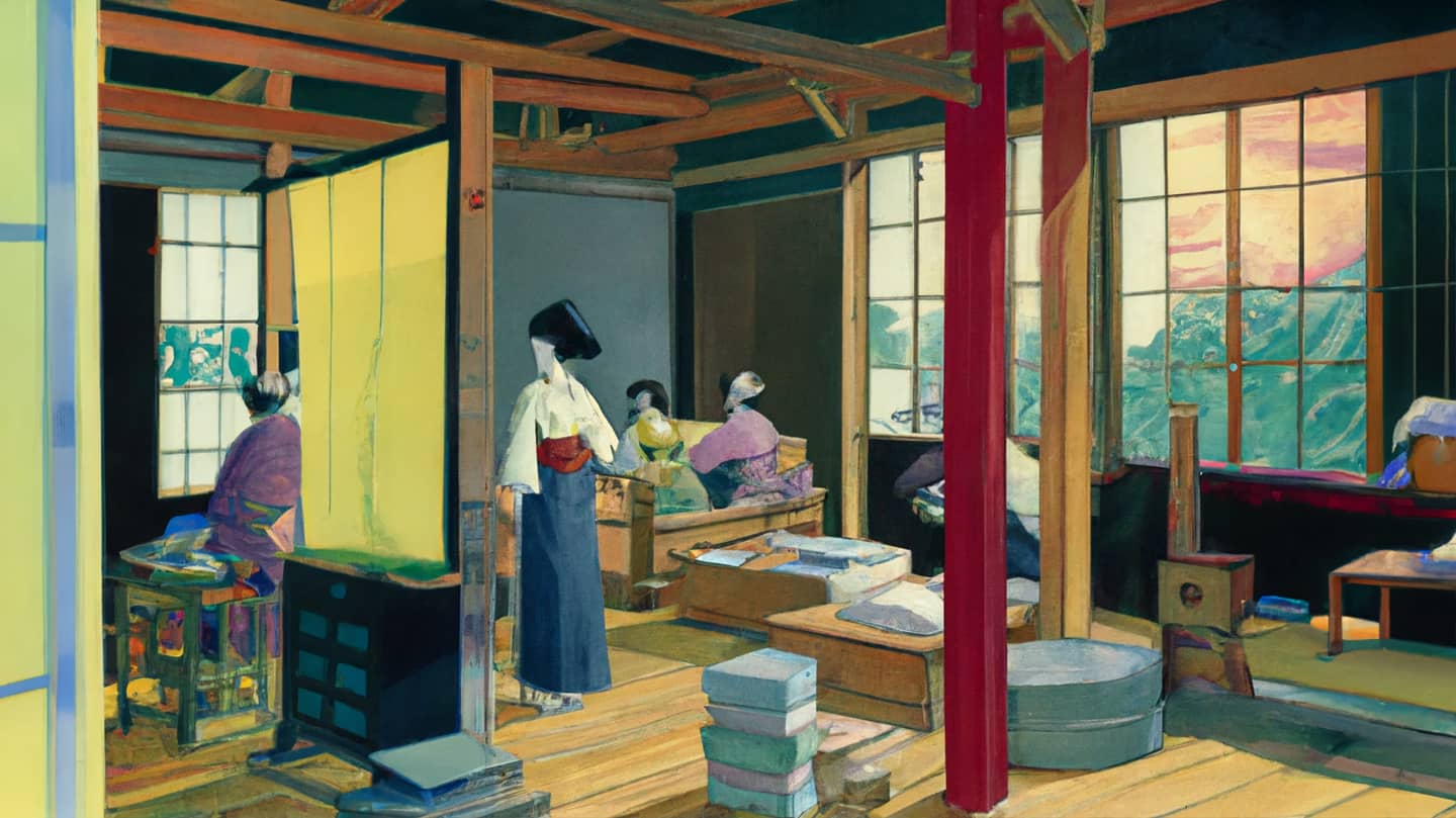 An AI-generated painting in traditional Japanese style of a tailor's workshop.