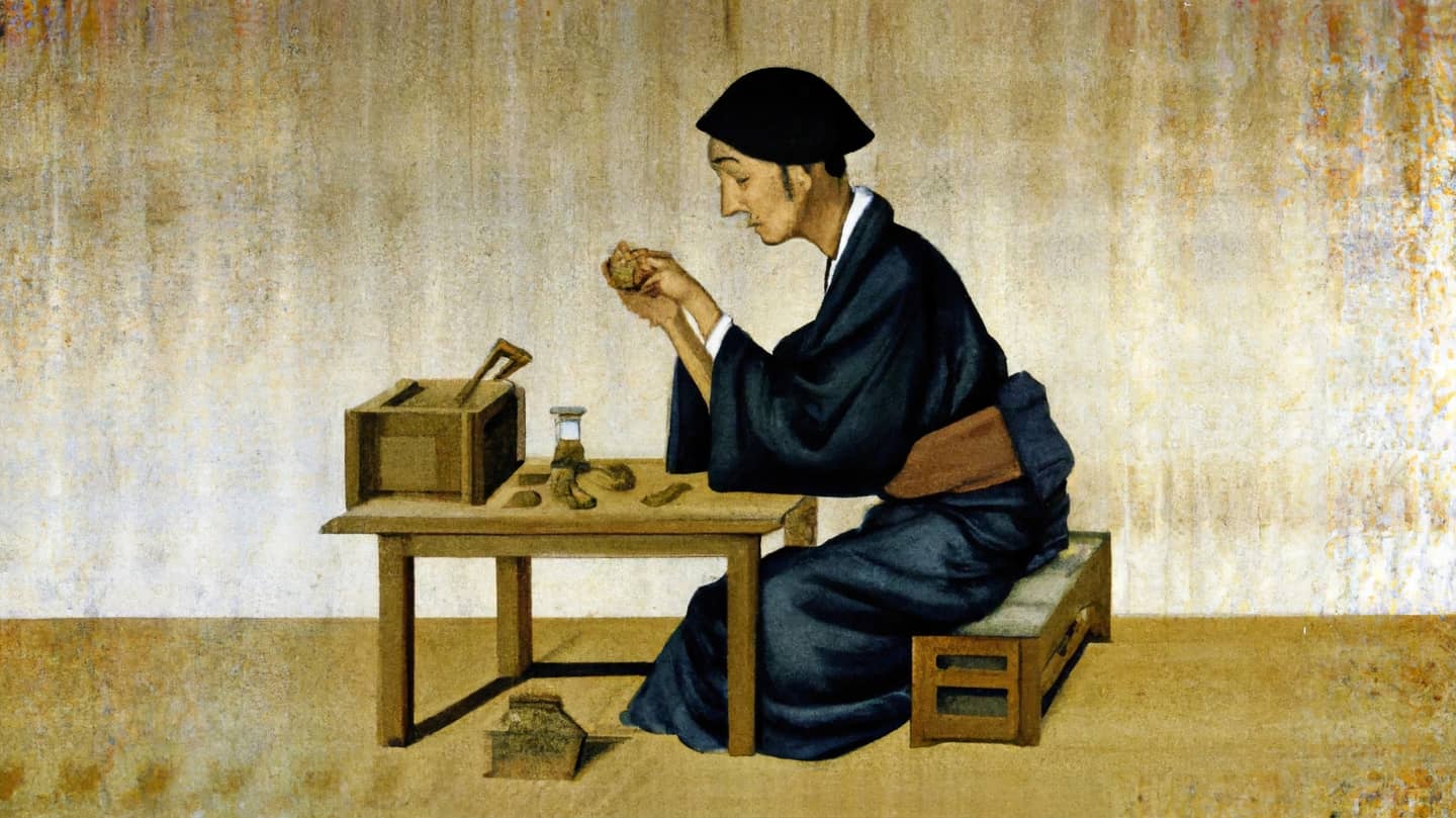 A Japanese tradesman sitting at a table with an hourglass and coins