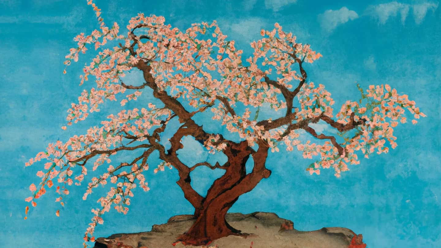 An AI-generated painting in traditional Japanese style of a blossoming cherry tree.