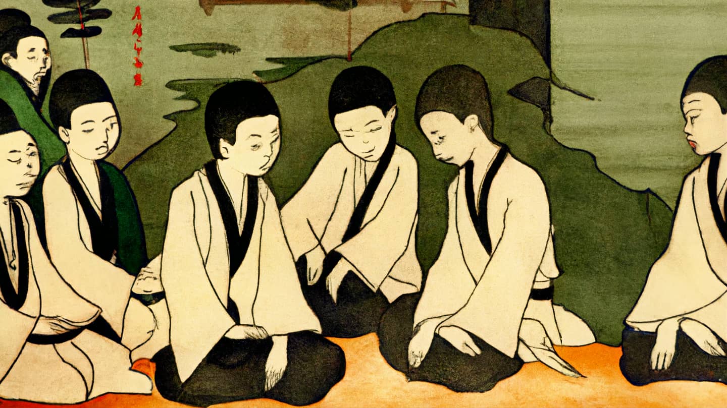 An AI-generated painting in traditional Japanese style of a group of Zen students sitting together, deliberating.